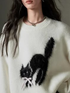 Cat Soft Waxy Round Neck Pullover Sweater – ARCANA ARCHIVE Arcana Archive, Cat Motif, Cat Sweater, Thrift Shop, Fashion Wishlist, Thrift Shopping, Sweater Making, Sewing Embroidery, Printed Sweater