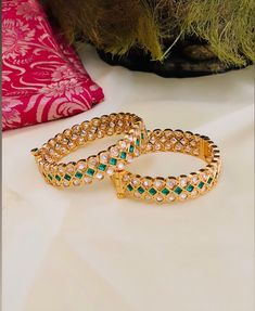 Handmade Gold Bangles/Wedding Bangles/New bangles/Gold Bracelet/Kundan Bangles/Bridal Bangles/Stone Bangles/Punjabi Kada/Indian Jewelry Details :- Stone - Kundan Metal - Brass Quality - Fine Brass Metal  Closure:- Screw Type Plating:- Gold Plated Openable bangle in 22 k gold plating Beautiful Looks at One Glance - with Intricate gold plated creates Glamorous Reflections and adds Luxurious Looks. Ready to ship from Indian To measure the size of the bangle: Please refer to the size guide in the picture above.. Such intricate detailing in this Inspired Royal Bangles with Flawless Polki and Diamond work. Finest Kundan work . Highest quality and best craftsmanship Customized orders takes 3 to 4 weeks, depending on piece requirements. Creative Khandelwal Jewelry pieces can be customized in accor Luxury Kundan Bangle With Stone Work, Luxury Kundan Openable Bangle, Traditional Hand Set Bridal Sets With Chandbali Shape, Heavy Kundan Bangle For Wedding, Festive Hand-set Lehenga For Diwali, Festive Hand Set Lehenga For Diwali, Kundan Toe Ring Jewelry For Weddings, Cutdana Kundan Bangle For Wedding, Kundan Cutdana Bangle For Wedding