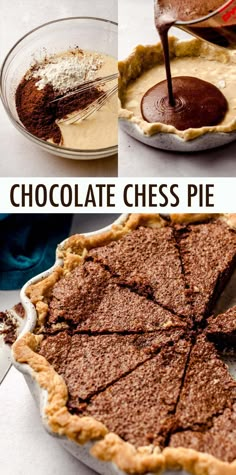 chocolate chess pie is shown in three different pictures and has been cut into pieces to make it