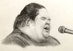 a drawing of a man singing into a microphone with his eyes closed and mouth wide open