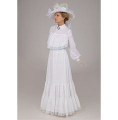 The luxurious and extravagant style of the Edwardian era can be found in this white batiste dress. This dazzling dress has a high lace covered collar that tops a white lace trimmed yoke. Long sleeves have lace cap, lace trim, and buttoned cuff. The graceful skirt has tiers trimmed in white lace. A matching cotton belt closes with buttons. Choose blue, pink or white below. The dress has a back button closure and elasticized waist. White batiste is 100% cotton. Proudly made in the US by Recollecti Regency Style Victorian Lace Dress With Historical Design, White Costume Dress With Fitted Bodice, White Regency Costume Dress, Elegant Victorian Dress With Lace And Historical Design, Elegant Victorian Lace Dress With Historical Design, White Regency Style Costume Dress, White Victorian Empire Waist Dress, White Historical Design Wedding Dress, Historical Design Prairie Dress For Wedding