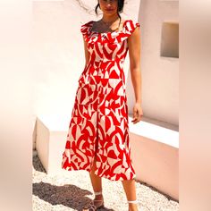 Anthropology Off-The-Shoulder Shirt Dress Chic Red Midi Dress For Summer, Red Off-shoulder Summer Dress, Casual Off-shoulder Red Dress, Casual Red Off-shoulder Dress, Red Off-shoulder Dress For Day Out, Red One-shoulder Midi Dress For Summer, Red Off-shoulder Midi Dress For Summer, Shoulder Shirts, Anthropologie Dress