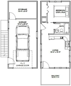 the floor plan for a two story house with an attached garage and living room area