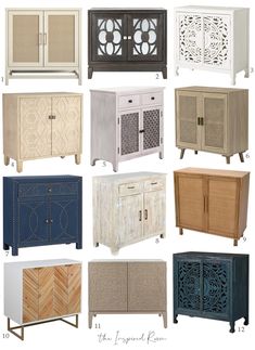 the different types of sideboards are shown in this image, including one with an open door