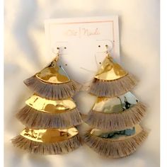 ~ New Three Layered Tan And Gold Tassel Earrings Boutique Style Gorgeous Boho Style, Very Chic Trendy Gold Tassel Earrings For Summer, Gold Dangle Tassel Earrings For The Beach, Gold Tassel Earrings For Beach Summer, Gold Tassel Earrings For Beach In Summer, Gold Fringe Tassel Earrings For Festival, Gold Fringe Earrings For Summer, Gold Bohemian Tassel Earrings For Spring, Gold Fringe Earrings For Beach, Gold Tassel Earrings For Summer