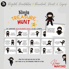 Looking for a fun Ninja themed activity for your kids? Here are 15 Scavenger Hunt clue cards for your little ones to solve as they embark upon an indoor treasure hunt. Perfect for individual and group activity. Just download, print, cut, hide and play! Included in your purchase: 3 PDF Files (A4 and US letter size) - 15 Indoor Ninja Treasure hunt clues (3 per page) - Instructons for Parents (or grandparents, aunts or uncles hosting the Hunt in their home) - Some blank Ninja clue cards to handwrit Ninja Activities, Ninja Birthday Party, Printable Scavenger Hunt, Clue Cards, Treasure Hunt For Kids, Ninja Training, Ninja Birthday Parties, Treasure Hunt Clues, Scavenger Hunt Clues