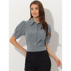 A basic button-down shirt features short puff sleeves bringing a touch of femininity and detail to any of the work-wear and making them look elegant. This puff-sleeve shirt is made of lightweight soft cotton fabric, drapes beautifully, and ensures you stay comfy all day. Pair this work office shirt with shorts, work pants, or casual jeans. Office Shirt, Peter Pan Collar Blouse, Puff Sleeve Shirt, Target Clothes, The Office Shirts, Satin Blouses, Contrast Collar, Collars For Women, Collar Blouse