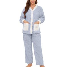 PRICES MAY VARY. 【Premium fleece fabric】Our women's pajama set features jacquard fabric with a diamond pattern, setting it apart from regular pajamas. The fleece is fluffy and soft, offering excellent warmth. 【Exquisite design】The loose fit of our women's pajama set offers a comfortable and unrestricted feel, perfect for relaxing at home. The front placket, cuffs, and pockets of the top are accented with three-dimensional cut velvet fabric, making this pajama set uniquely stylish and distinctive Fleece Pjs, Warm Pajamas, Pajamas For Women, Comfortable Pajamas, Cozy Lounge, Fleece Pajamas, Fabric Making, Womens Pyjama Sets, Womens Fleece