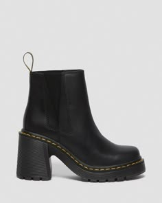 Spence Leather Flared Heel Chelsea Boots | Dr. Martens Dr Martens Heels, Ghost Concert Outfit, Dr Martens Chelsea, Heel Chelsea Boots, Heeled Chelsea Boots, Shoe Polish, Leather Heeled Boots, Black Chelsea Boots, Wardrobe Inspiration