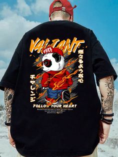 Black Casual Collar Half Sleeve Knitted Fabric Cartoon,Slogan  Embellished Slight Stretch  Men Plus Size Clothing Dtf Print Designs, Slogan Graphic Tee, T-shirt Print Design, Streetwear Graphic Tees, T Shirt Logo Design, Free T Shirt Design