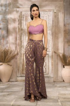 Mauve sharara with contrasting floral woven patterns. Comes with striped, polka pattern cape and a blouse. - Aza Fashions Floral Sharara, Sweetheart Blouse, Cape Set, Backless Blouse, Blouse Sleeveless, Draped Fabric, Set For Women, Aza Fashion, Fashion Set