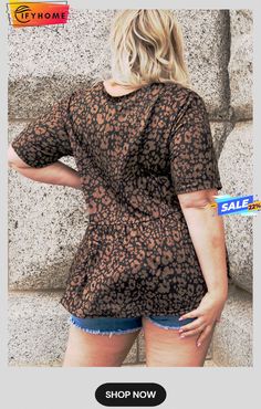 Black Leopard Print Ruffled V Neck Plus Size T-shirt Casual V-neck Top With All Over Print, Relaxed Fit Short Sleeve Tops For Fall, Fall Relaxed Fit Short Sleeve Tops, Fall Short Sleeve Tops With All Over Print, Brown Printed Short Sleeve Tops, Brown Cotton Printed Tops, Cotton V-neck Top With All Over Print, Brown Short Sleeve Top, Casual All Over Print Crew Neck Tops