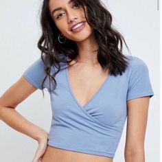 Wrap Top Short Sleeve V Neck Blue Wrap Top, Burgundy Crop Top, Outfit Ideas 2023, Outfit Ideas 2024, Purple Crop Top, Half Shirts, Pacsun Tops, Wrap Crop Tops, Ribbed Crop Top