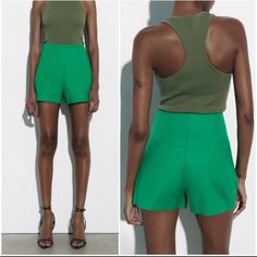 Nwt Zara Green High Waist Shorts With Front Welt Pockets. Side Hidden In-Seam Zip Closure. Sz Xs 55% Cotton 42% Polyester Which Has At Least: Outer Shell 55% Ocs Certified Organically Grown Cotton Zara Green Short Bottoms, Zara Green Shorts, Green High-waisted Shorts, Green Summer Bottoms By Zara, Zara Green Shorts For Summer, Zara Summer Green Bottoms, Fitted Green Zara Shorts, Green Zara Shorts For Day Out, Green Zara Shorts