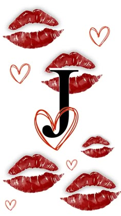 lipstick kisses with the letter j on them and hearts floating around in the air above