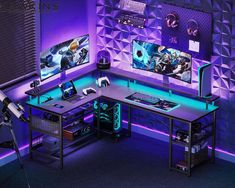 a gaming room with two monitors, keyboard and mouse on the desk in front of them