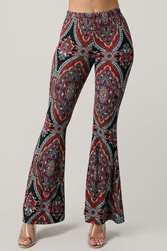 BOHO PRINT HIGH WAIST Mini Bell bottoms  Fabric 97% POLY 3% SPANDEX  Made in China Pants MADE IN USA Bohemian Multicolor High-waisted Pants, Bohemian Non-stretch Bottoms With Boho Print, Bohemian Stretch High-waisted Wide Leg Pants, Bohemian Style Printed Wide-leg Bottoms, Bohemian Wide-leg Floral Print Bottoms, Womens Trousers, Bell Bottom Pants, Boho Print, Bell Bottom