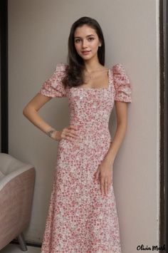 Olivia Mark - Floral Print Short-Sleeve Dress with Waist Cinching Long-skirt Design Irregular Skirt, Floral Print Shorts, U Neck, Skirt Design, Cover Up Dress, Cinched Waist, Types Of Skirts, Corset Dress, Collar Dress