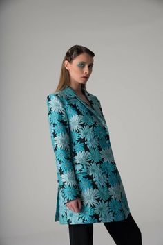 This product is handmade in Georgia. This is a blue brocade Jacket with flower embroidery and satin lining. Only dry clean. Model wears S size Bust 84 Waist 68 Hip 92This item is Made to Order. Please allow us up to 7 working days to make your bespoke design. Silk Long Sleeve Blazer With Floral Print, Formal Silk Blazer With Floral Print, Floral Print Long Sleeve Blazer For Party, Long Sleeve Floral Print Blazer For Party, Tailored Floral Embroidered Blazer For Spring, Fitted Silk Blazer With Floral Print, Spring Tailored Blazer With Embroidery, Spring Tailored Embroidered Blazer, Spring Embroidered Tailored Blazer