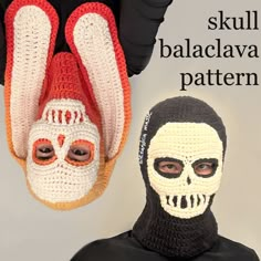 two crocheted skull masks hanging from the back of a man's head