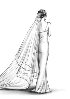 personalized black and white sketch of bride digital download of bride in sleek sheath dress and cascade angel cut ribbon wedding ve Bride To Be Drawing, Wedding Veil Sketch, Veil Sketch, Bride Sketch, Wedding Dress Drawing, Bride Drawing, Wedding Dress Sketch, Wedding Dress Drawings, Back Drawing