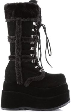 4 1/2" Platform Goth Punk Stacked Vegan Suede Calf Boot - Fit Guide: True to Size - Heel Height: 4 1/2" Platform - Brand: Demonia - Shown in Women's Sizes - Country of Origin: Imported Baby Halloween Costumes Family, Platform Winter Boots, Cute Outfit Designs, Winter Goth, Black Suede Knee High Boots, Y2k Stuff, Pic Edits, Demonia Boots, Naked Wolfe