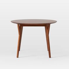 a wooden table with two legs and a round top, on a plain white background