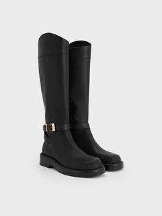 Featuring a minimalist design, these knee-high boots exude sleek elegance. Made from supple leather in versatile black, they are easy to wear and effortless to style. The buckled straps around the ankles, adorned with gold-toned hardware and the L’initial emblem, add an eye-catching touch. Pair them with flowy maxi skirts or wear them over your favourite jeans for added warmth. L Initial, Flowy Maxi Skirts, Charles Keith, Leather Buckle, Maxi Skirts, Favorite Jeans, Knee High Boots, High Boots, Black Boots