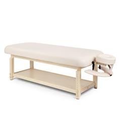 The Woodloch Stationary Massage Table features height adjustment, open storage, and a face cradle with armrest. Constructed with European Beech wood, this super comfortable stationary table has a 3.5" thick multi-layered cushion and durable Beige Vinyl upholstery. Other features include rounded corners, open storage shelf, and headrest outlets on both ends. Skincare Table, Esthetician Bed, Stationary Table, Spa Room Ideas Estheticians, Spa Table, Spa Room Ideas, Spa Suite, Massage Room Design, Minerva Beauty