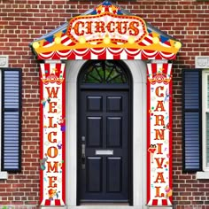 an entrance to a building with a carnival tent