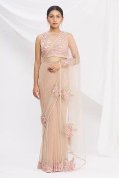 Shop for Rajat and Shraddha Beige Georgette Pre-draped Sheer Saree With Blouse for Women Online at Aza Fashions Sheer Saree, Saree Petticoat, Tassel Belt, Zari Embroidery, Drape Saree, Sheer Drapes, Net Saree, Embellished Blouse, Blouse For Women