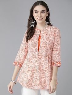 HAND CRAFTED TUNIC DESCRIPTION *Women Orange & White Ethnic Printed Sequinned Pure Cotton Kurti Printed Short Kurti / Indian Tunic / Summer-Spring Evening Dress Boho Tunic / Hippie Dress / Tribal Print Top * Orange and white straight kurti * Ethnic motifs printed * Round neck, three-quarter, regular sleeves * Sequinned detail * Pure cotton *Fabric:- 100% Cotton  *Wash Care:- Gentle Machine Wash AVAILABLE IN 7 SIZES THEY ARE IN FOLLOWING MEASUREMENTS IN INCHES:- XXS:- Bust-32/Waist-24/Length-30 X Short Kurti And Pants, Kurti And Pants, Orange Kurti, Cotton Kurti For Women, Summer Tops Women, White Kurti, Kurti Neck Design, Ethnic Tops, A Line Kurti