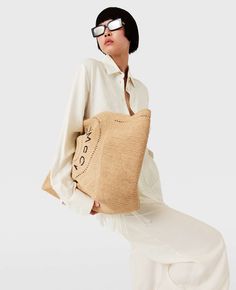 Logo Raffia Large Tote Bag-Beige-large Stella Mccartney Logo, Raffia Tote Bag, Fringe Shirt, Stella Mccartney Shoes, Boy Outerwear, Short Denim Skirt, Soil Health, Natural Logo, Raffia Bag