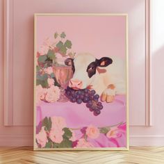 a painting of a cow eating grapes on a pink tablecloth with flowers in the background