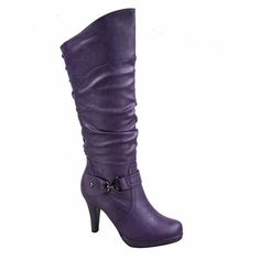 This style runs pretty true to size Round toe design Buckle Finished with cushioned insole Back zipper closure for easy on/off Faux Leather Heel Height: 3.75" with 0.5 platform (approx) shaft length:17" (approx) including heel top opening circumference: 14.5" (approx) Size: 7.  Color: Purple.  Gender: female.  Age Group: adult. Most Comfortable High Heels, Steampunk Shoes, I'm Jealous, Comfortable High Heels, Women's Knee High Boots, Purple Boots, High Heeled Boots, High Top Boots, Top Moda