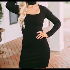 Brand New Black Cocktail Dress Fits Like 6-8 Black Bodycon Dress With Square Neck For Spring, Black Square Neck Bodycon Dress For Spring, Black Square Neck Bodycon Dress For Night Out, Chic Black Bodycon Dress For Day Out, Trendy Black Bodycon Dress With Square Neck, Trendy Black Square Neck Bodycon Dress, Black Bodycon Dress With Square Neck For Date Night, Black Fitted Bodycon Dress For Day Out, Black Square Neck Bodycon Dress For Date Night