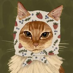 a painting of a cat wearing a hat and scarf with strawberries on it's head