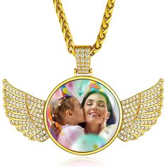 PRICES MAY VARY. 💗💗[Photo Necklace Customized]Angel wings necklace with picture,personalized a picture on the front side and engrave Name,Birthday,Letter,Initial,Symbol,Faith,Inspirational words on the other side.Memory necklace with picture,is a good way to keep your loved one close to your heart at all times.Our personalized photo memorial necklace is the best sentimental gifts, if you want to touch the heart of your loved ones and impress them beyond expectations. ✍[How to Custom Picture Ne Gold Chain Jewelry As A Gift, Gold Chain Jewelry Gift, Gold Chain Jewelry For Gift, Black Round Jewelry For Birthday Gift, Gold Jewelry With Adjustable Chain For Gifts, Personalized Gold Jewelry With Box Chain, Personalized Gold Box Chain Jewelry, Customized Black Jewelry For Gifts, Customizable Gold Jewelry For Gift