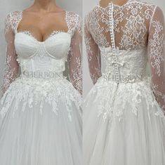 two women in wedding dresses with long sleeves