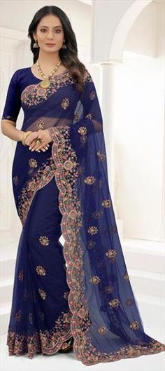 Blue color Saree in Net fabric with Embroidered, Resham, Stone, Thread, Zari work Blue Georgette Saree, Blue Color Saree, Wedding Blue, Embroidered Saree, Prussian Blue, Half Sleeve Blouse, Net Fabric, Zari Work, Georgette Saree