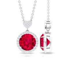 Product Details Dangling from a Diamond studded heart motif is a ravishing round ruby in this pendant necklace that has a playful yet romantic vibe. A halo of glistening Diamond highlights the intense hue of the ruby and gives the pendant necklace a captivating edge. Sculpted in a claw setting, the pendant looks totally enchanting. It comes with a simple and sturdy cable chain for an instant desk to party look. Product Information SKU SHP-PENDANT0721114980 Length 15 mm Width 10.2 mm Weight 4.50 Round Halo Design Jewelry For Valentine's Day, Valentine's Day Jewelry With Lab-created Round Cut Ruby, Halo Setting Round Jewelry For Valentine's Day, Valentine's Day White Gold Halo Jewelry, Heart-shaped Halo Jewelry For Valentine's Day, Ruby Necklace For Valentine's Day, Heart Shaped Halo Jewelry For Valentine's Day, Valentine's Day Gift Necklace With Halo Setting, Valentine's Day Round Gemstone Necklaces