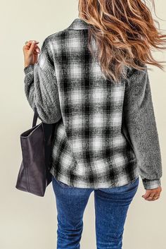 Gray Plaid Patchwork Buttoned Pocket Sherpa Jacket Short Sleeve Floral Dress, Mid Rise Flare Jeans, Drop Sleeve, Ripped Boyfriend Jeans, Long Jeans, Stylish Jackets, Denim Coat Jacket, Gray Plaid, Sherpa Jacket