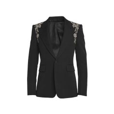 Alexander McQueen tuxedo jacket with floral embroidered harness  Peak lapels Single-button closure Hip flap pockets Four-button cuffs Center back vent Wool Dry clean Made in Italy Luxury Embellished Outerwear With Notch Lapel, Fitted Embellished Blazer With Suit Collar, Designer Semi-formal Embellished Blazer, Luxury Formal Outerwear With Floral Embroidery, Tailored Embellished Blazer For Semi-formal Occasions, Embellished Long Sleeve Formal Suit, Formal Embellished Long Sleeve Suit, Luxury Floral Embroidery Formal Outerwear, Luxury Floral Embroidered Formal Outerwear