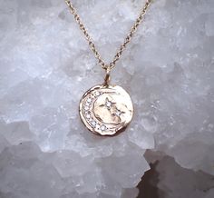 Solid 14k gold coin pendant featuring and hand-carved crescent moon, and eight hand set diamonds. Coin measures 12mm16" solid gold chain. Solid Gold Chains, Gold Coins, Crescent Moon, Coin Pendant, Star Pendant, Crescent, Instagram Followers, New Product, Gold Chains