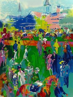 an abstract painting of horses and jockeys at a horse race in bright colors,