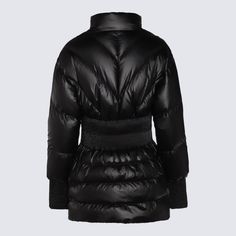 100% polyester Designer Black Nylon Outerwear, Black Polyamide Outerwear For Fall, Fitted Black Nylon Outerwear, Winter Puffer Outerwear In Polyamide, Winter Polyamide Puffer Outerwear, Fitted Elegant Puffer Outerwear, Winter Puffer Outerwear Made Of Polyamide, Fitted Nylon Outerwear With Padded Collar, Designer Black Winter Outerwear