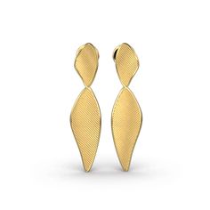 Modern dangle drop earrings in 14k or 18k gold, featuring a ribbed texture and polished edges. Shown in yellow, rose, and white gold variations, measuring 57 mm in length and 19 mm in width. Drop Gold Earrings, Italian Gold Jewelry, Jeweled Earrings, Ring Pendant Necklace, Ribbed Texture, Engagement Ring Wedding Band, Pendant Bracelet, Men's Rings, Yellow Rose