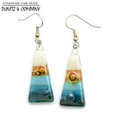 Classic Triangle Shaped Fair Trade Earrings. These we call Sand & Sea. Click to discoverer other color options. #fairtrade #fairtradefashion #fusedglass Summer Glass Earrings For Gift, Modern Handmade Glass Earrings, Multicolor Glass Bohemian Earrings, Multicolor Bohemian Glass Earrings, Bohemian Multicolor Glass Earrings, Nickel-free Multicolor Glass Earrings, Multicolor Glass Drop Earrings, Unique Glass Earrings With Ear Wire, Unique Glass Dangle Earrings