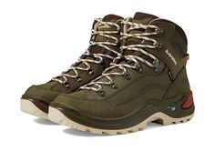 a pair of green hiking boots with white laces