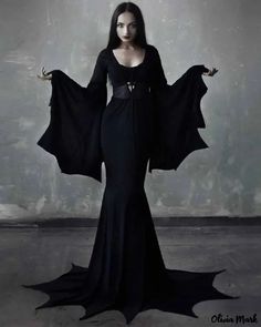 Color: black, Size: S Long Sleeve Witch Dress, Gothic Long Sleeve Dress, Black Dress Goth Long, Gothic Black Dress Long, Long Sleeve Gothic Dress, Morticia Addams Dress Aesthetic, Morticia Addams Style Dress, Vampire Dress Aesthetic Modern, Goth Dress Long Sleeve